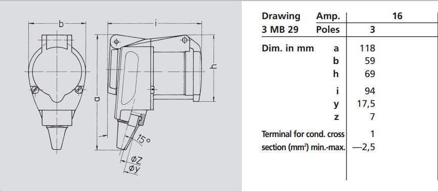 MENNEKES ANGLED CONNECTOR 1438 / 1566 (WITH INTEGRATED SCHUKO RECEPTACLE); 16A-3P-230V, IP44