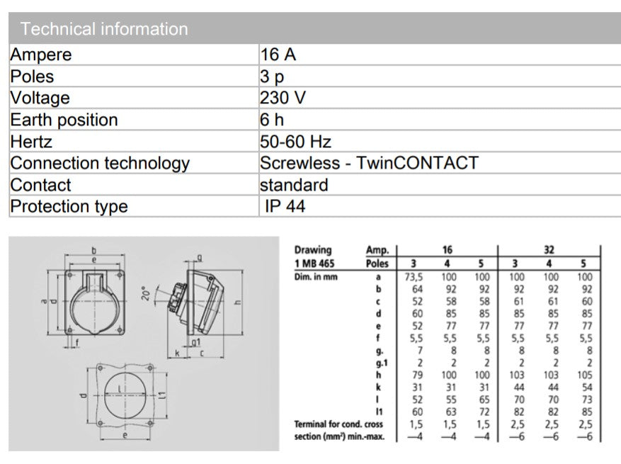 MENNEKES RECEPTACLE 1632 WITH TWINCONTACT; PANEL MOUNT, 16A-3P-230V, IP44