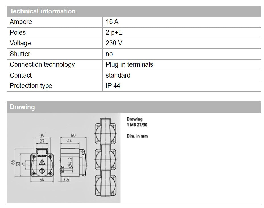 MENNEKES RECEPTACLE 10081, WALL MOUNT, 16A-2P+E, 230V, IP44