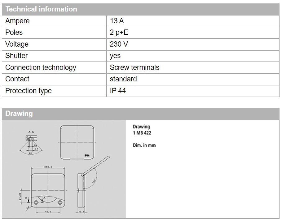 MENNEKES RECEPTACLE 10713/ 10718BLACK; LENGAN PANEL, TERMINAL Skru, 13A-3P-230V, IP44