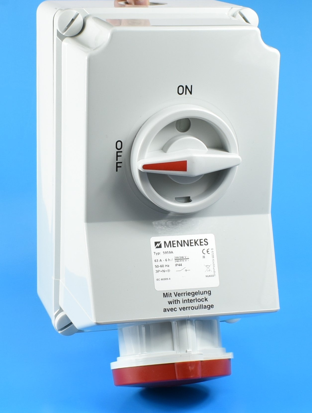 MENNEKES SWITCHED & INTERLOCKED 5956 / 5959 RECEPTACLE; WALL MOUNT, 63A-4P-415V / 63A-5P-415V, IP44