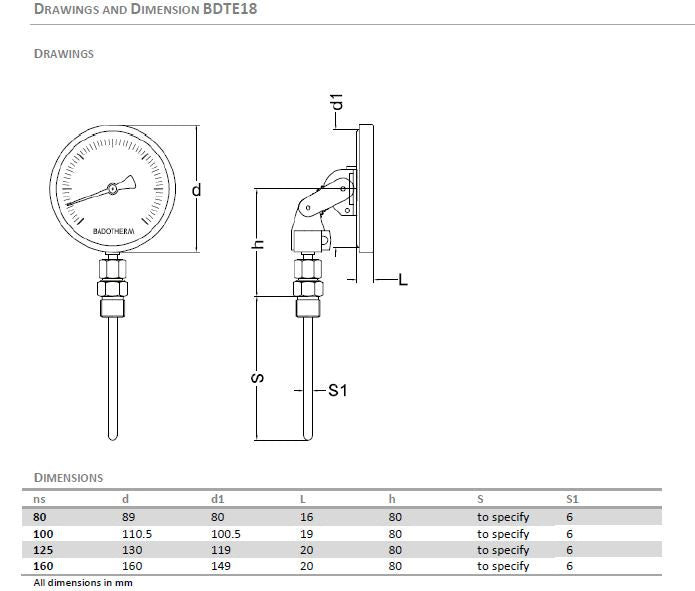 BADOTHERM 压力表,双金属温度计,BDTE18(各个角度安装),1/2"NPT-M