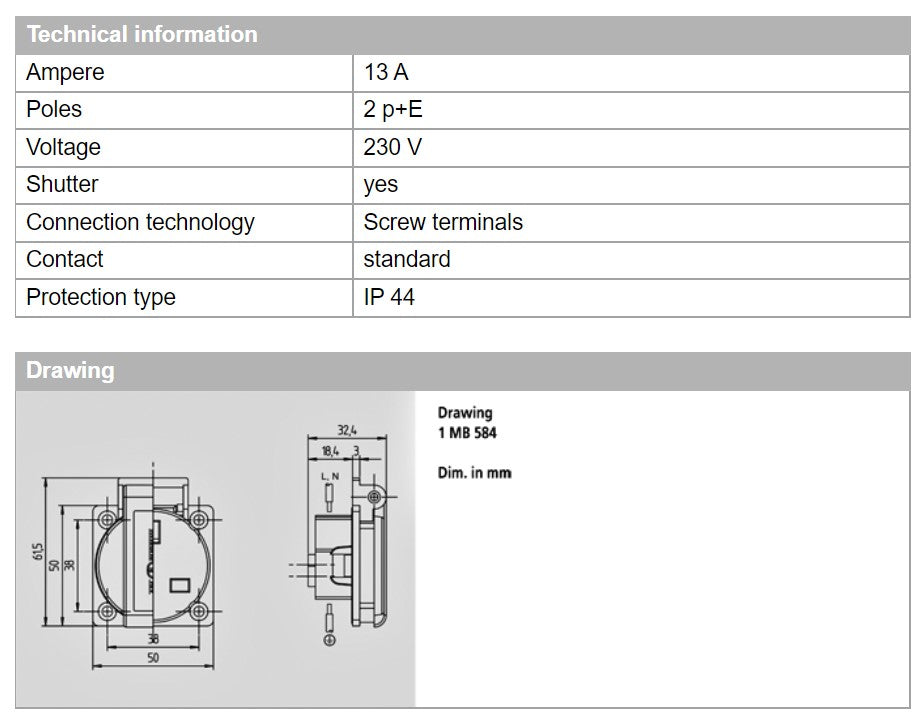 MENNEKES RECEPTACLE 10713/ 10718BLACK; LENGAN PANEL, TERMINAL Skru, 13A-3P-230V, IP44