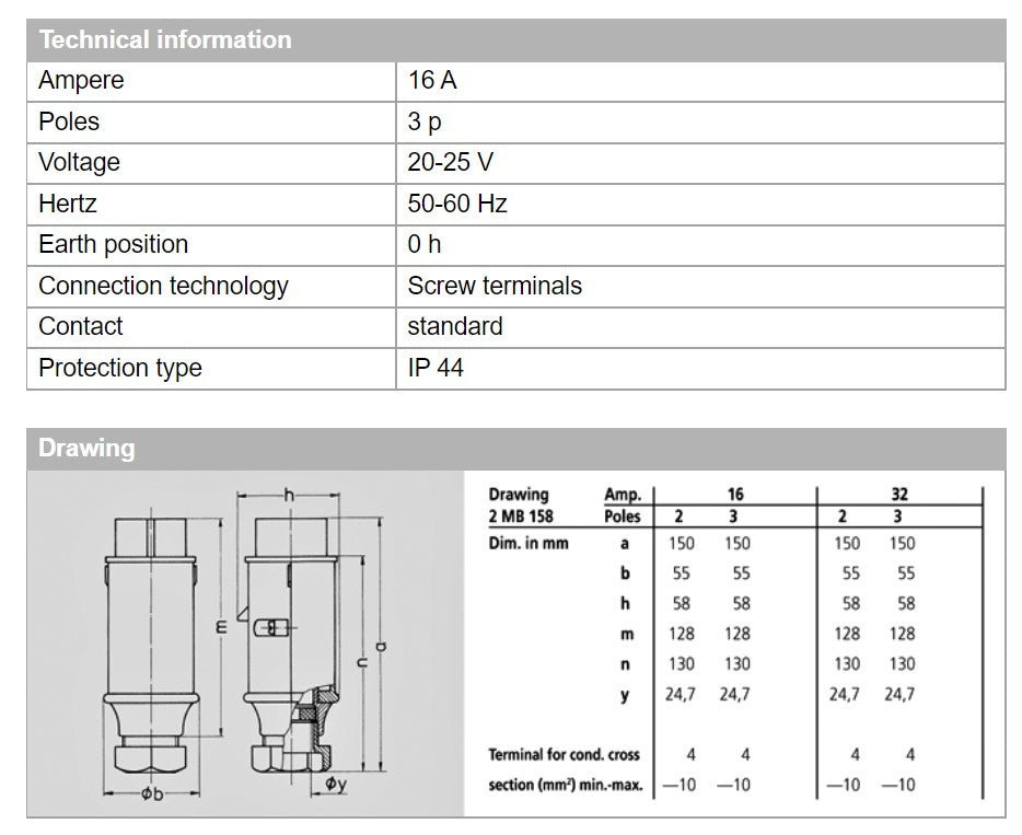 MENNEKES PLUG 661/ 662/ 663; TERMINAL SKRU, 16A-2P,20-25/40-50VDC/ 16A-3P,20-25V/ 16A-3P,50V, IP44