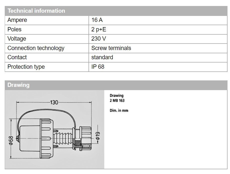 曼尼克斯插头 10828； SCHUKO，螺钉端子，16A-2P+E，230V，IP68