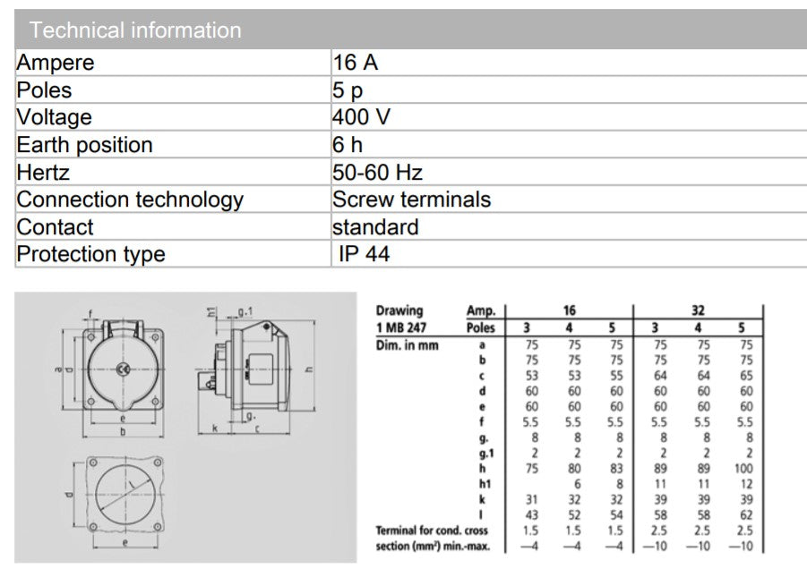 Mennekes 插座 1366/ 1385，面板安装，16A-3P-230V/ 32A-4P-415V，IP44