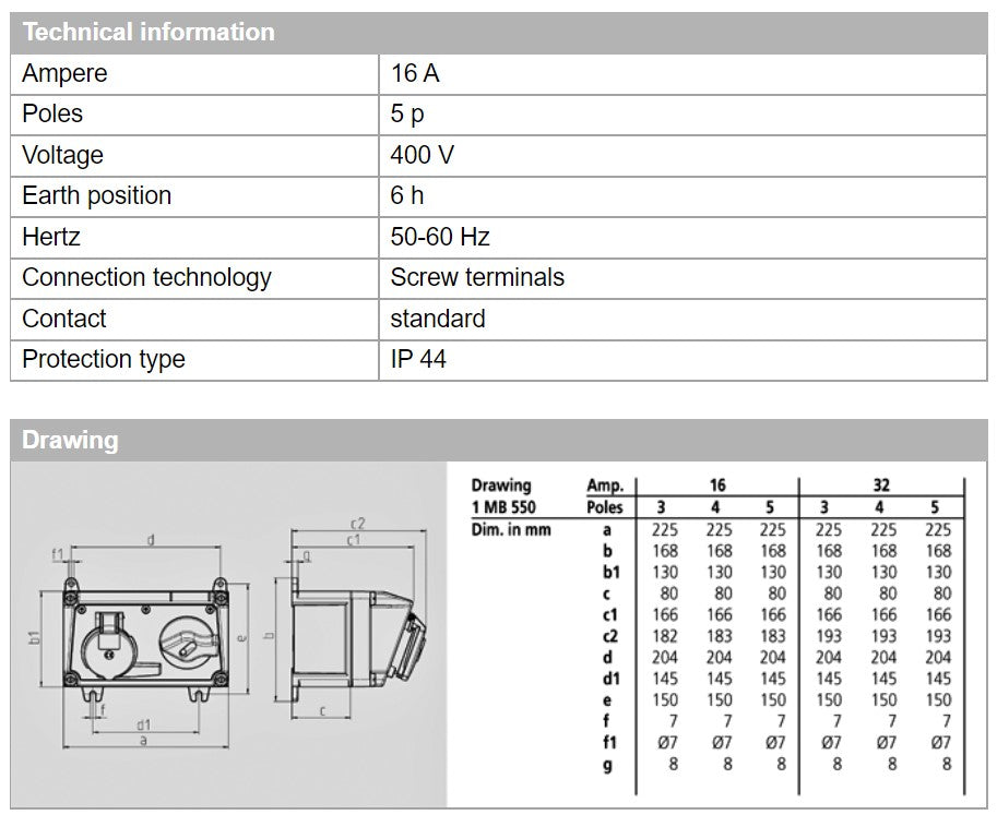 曼奈克斯插座 7607/ 7634；开关式螺钉端子，16A-5P-415V，IP44 / 32A-4P-415V，IP67
