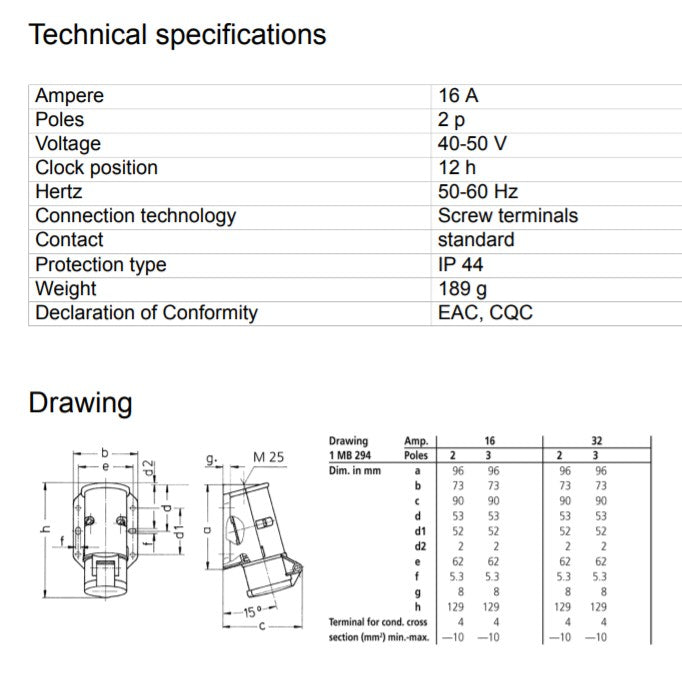 Mennekes 插座 1831，壁挂式，螺钉端子，16A-2P，40-50V，IP44