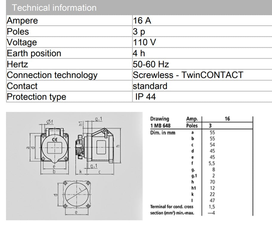 Mennekes 插座 1618，面板安装，无螺钉，16A-3P，IP44