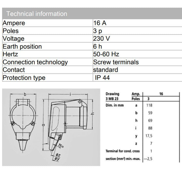 Mennekes 弯角连接器 1438 / 1566（带集成 SCHUKO 插座）； 16A-3P-230V，IP44