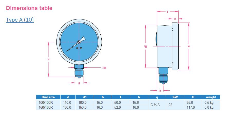 BADOTHERM 表，压力，BDT18/A，BDT20/A，BDT21/A，A 型底部连接