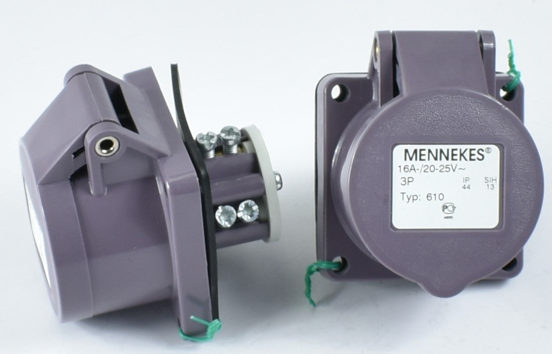 MENNEKES RECEPTACLE 609/ 610; TERMINAL SKRU, 16A-2P,20-50VDC/ 16A-2P,20-25V, IP44