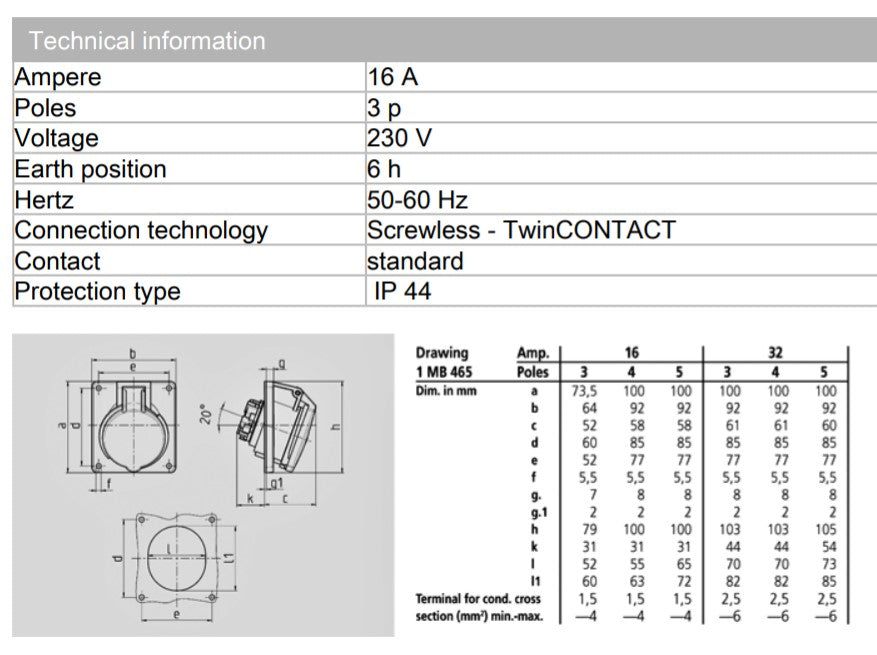 MENNEKES RECEPTACLE 1632 WITH TWINCONTACT;  PANEL MOUNT,16A-3P-230V, IP44