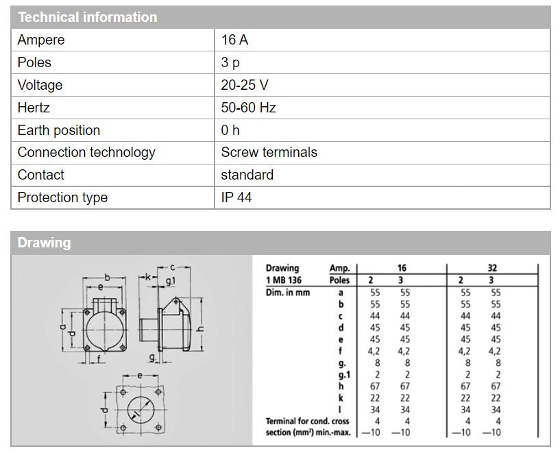 MENNEKES RECEPTACLE 609/ 610; TERMINAL SKRU, 16A-2P,20-50VDC/ 16A-2P,20-25V, IP44