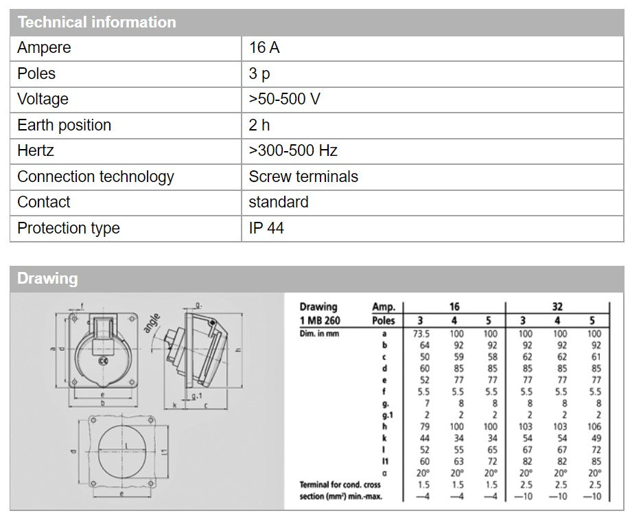 MENNEKES RECEPTACLE 2855/ 3187/ 3190, TERMINAL SKRU, 16A,2P, 40-50V/ 16A,3P,50-500V/ 16A-5P,50-500V , IP44