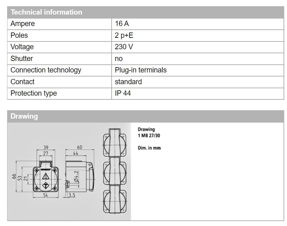 MENNEKES RECEPTACLE 10081, DINDING MOUNT, 16A-2P+E, 230V, IP44