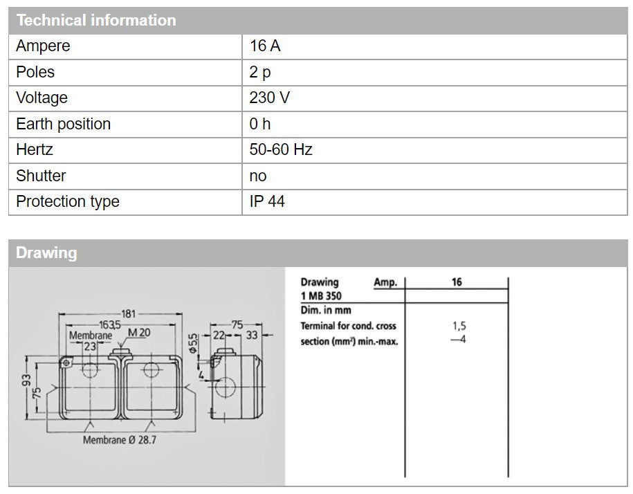 MENNEKES RECEPTACLE 4235/ 4247, TERMINAL SKRU, 16A-2P-230V/ 16A-3P-230V, IP44