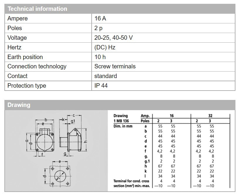 MENNEKES RECEPTACLE 609/ 610; TERMINAL SKRU, 16A-2P,20-50VDC/ 16A-2P,20-25V, IP44