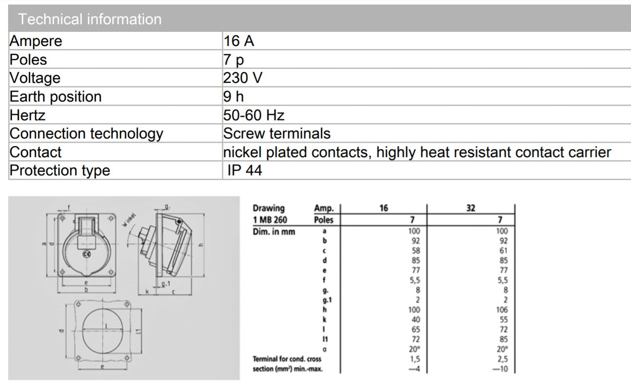 MENNEKES RECEPTACLE 737/ 740; PANEL MOUNT, SCREW TERMINALS, 16A-7P-230V/ 32A-7P-415V, IP44
