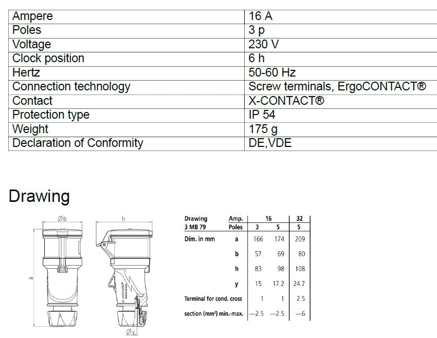 MENNEKES CONNECTOR 14502; POWERTOP® XTRA, ERGOCONTACT; 16A-3P-230V, IP54
