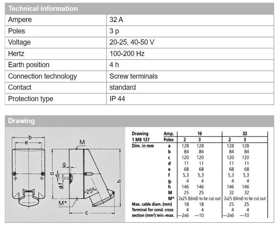 曼尼克斯插座 578/ 599；壁挂式，螺丝端子，16A-2P，40-50V/32A-3P，20-25V/40-50V，IP44