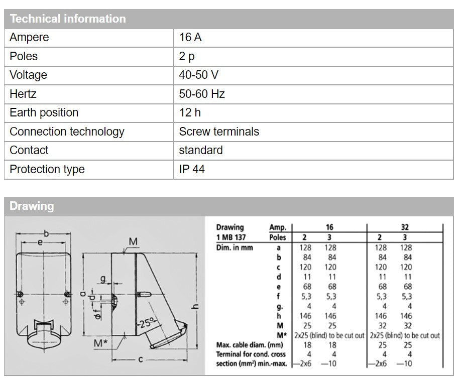 曼尼克斯插座 578/ 599；壁挂式，螺丝端子，16A-2P，40-50V/32A-3P，20-25V/40-50V，IP44