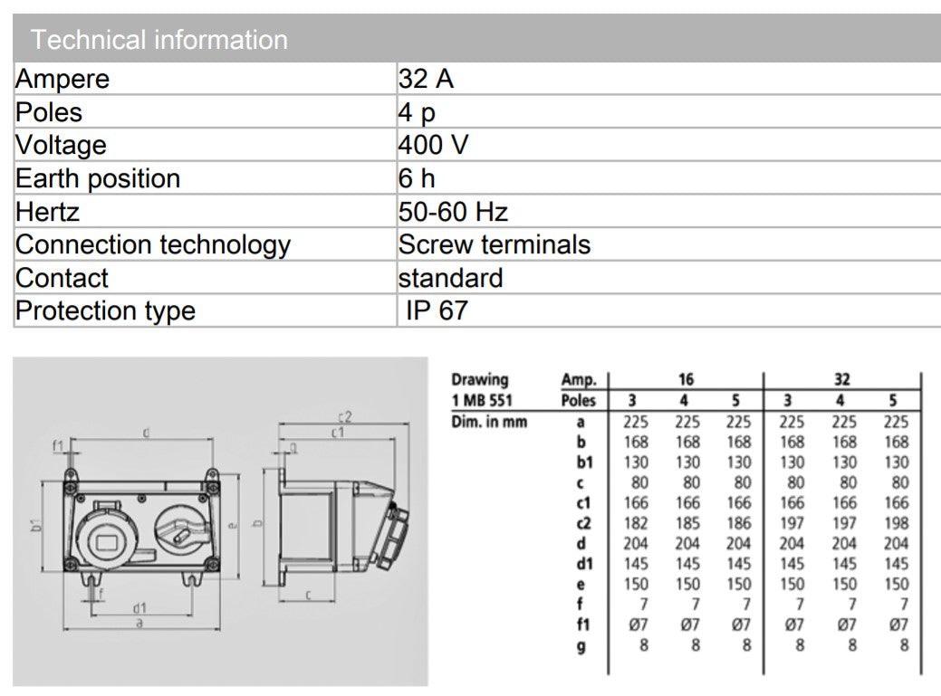 曼奈克斯插座 7607/ 7634；开关式螺钉端子，16A-5P-415V，IP44 / 32A-4P-415V，IP67