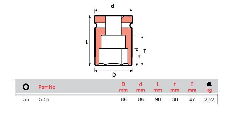 SOKET IMPAK MOMENTO, 5-41, 5-46=1 13/16, 5-50, 5-60, 5-65=2 9/16, 5-70=2 3/4, 5-75, PEREMPUAN SEGI 1 1/2"