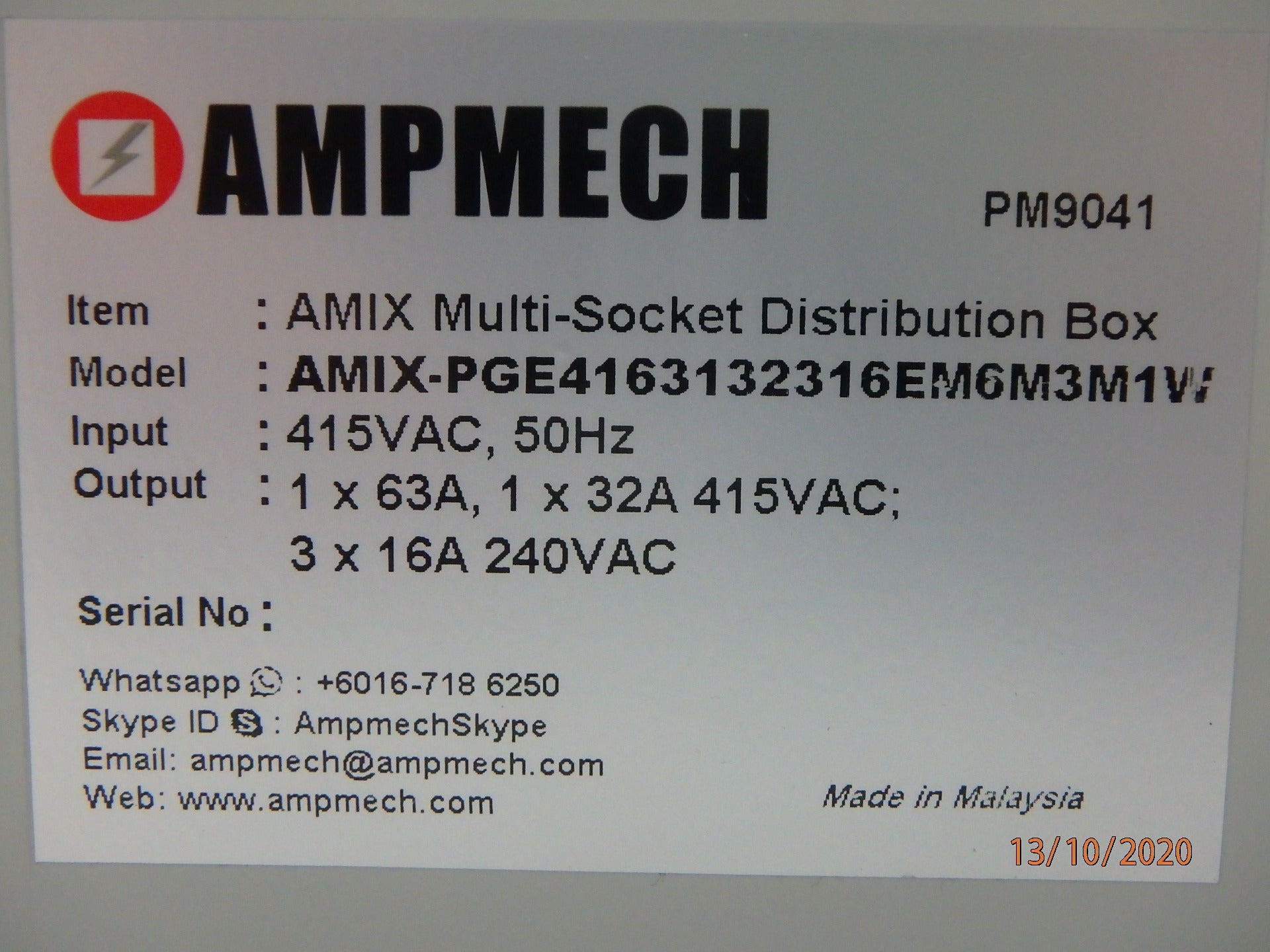 AMIX MULTI DISTRIBUTION BOX, IP66, RCCB/ABB MCB/ MENNEKES SOCKET/TERMINAL BLOCK/63A3P/32A3P/16A1P/M40 CABLE ENTRY