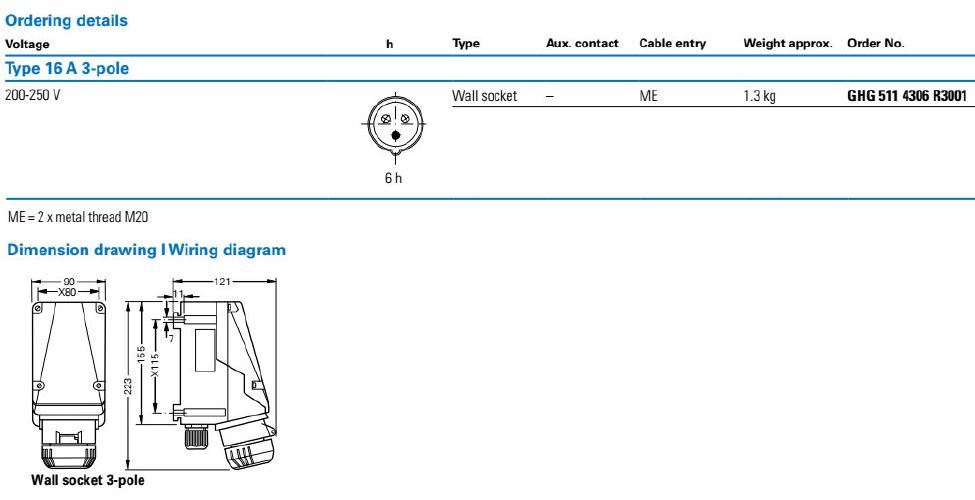 CEAG/ EATON EX-WALL SOCKET, 16A-3P-240V